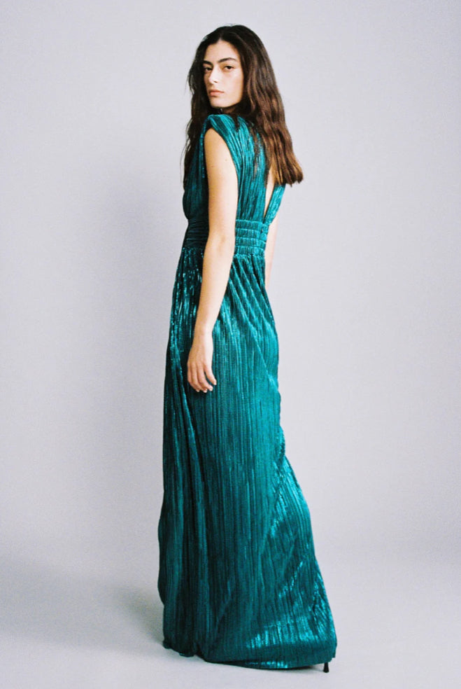 sabina musayev satellite v-neck column pleated foil maxi dress Sabina Musayev Satellite V-Neck Column Pleated Foil Maxi Dress In Blue - 29% Off