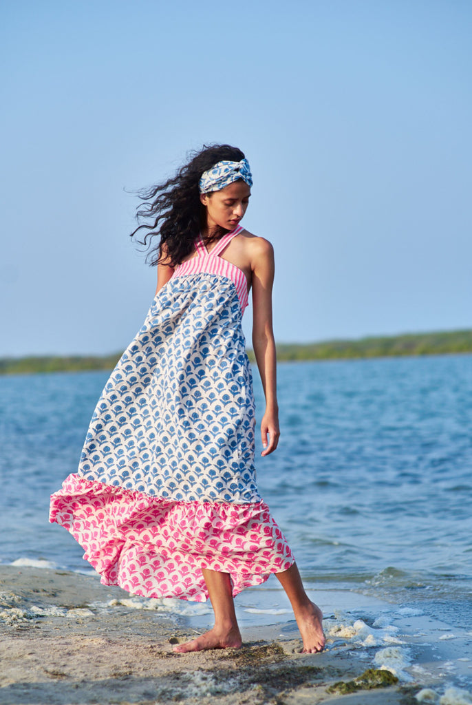 blue pottery dress Printed Blue Pottery Maxi Dress With Cap Sleeves Falguni Shankar