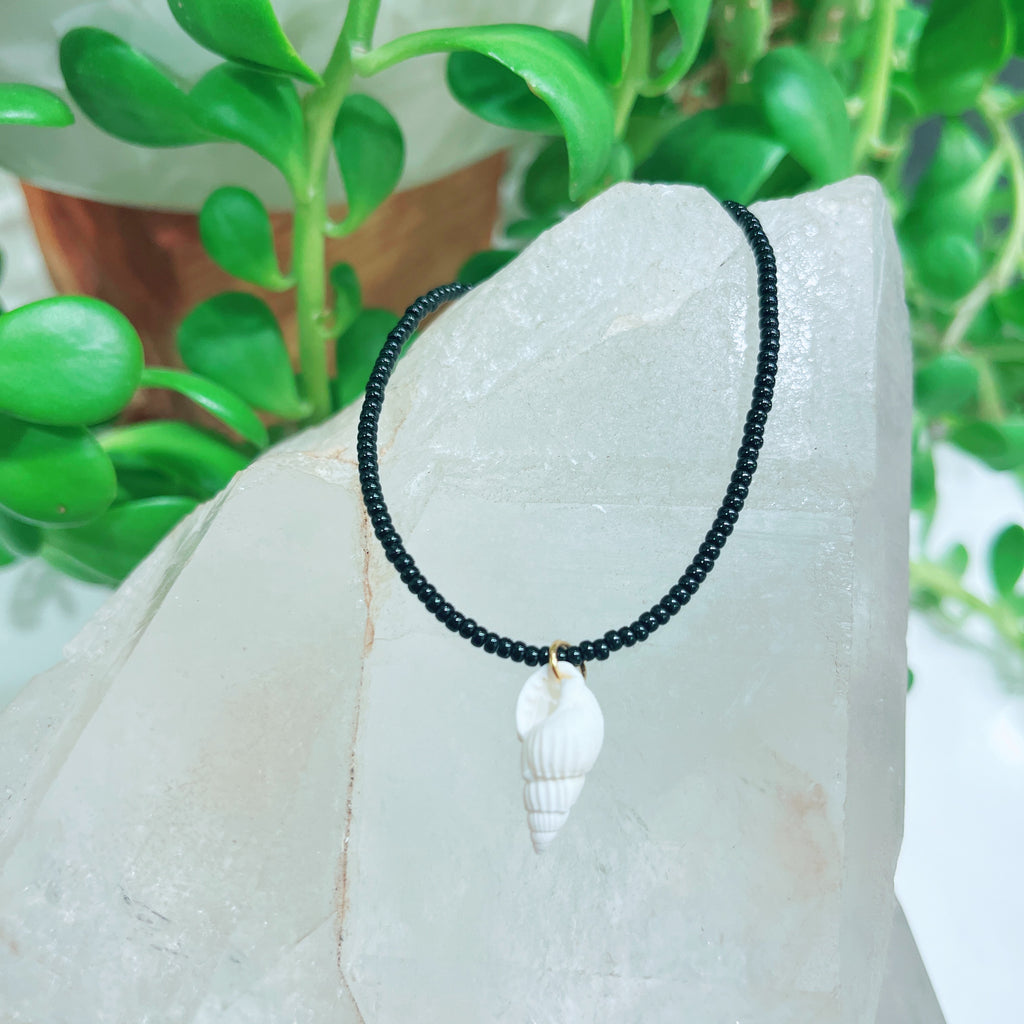 Shell + Black Beaded Necklace