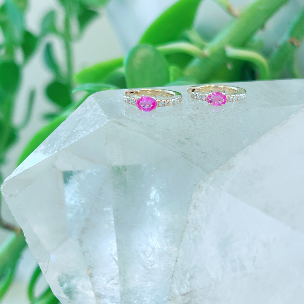 Pink Sapphire + Diamond Huggies