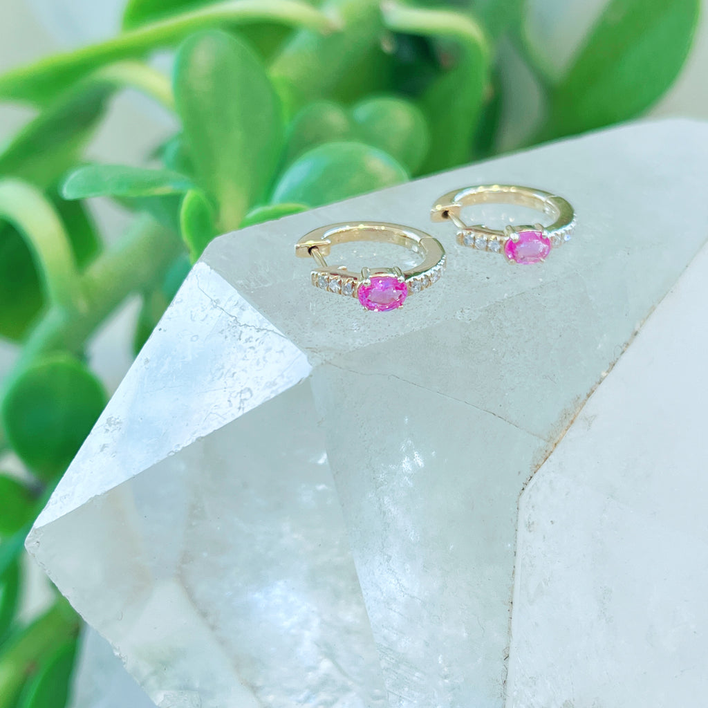 Pink Sapphire + Diamond Huggies