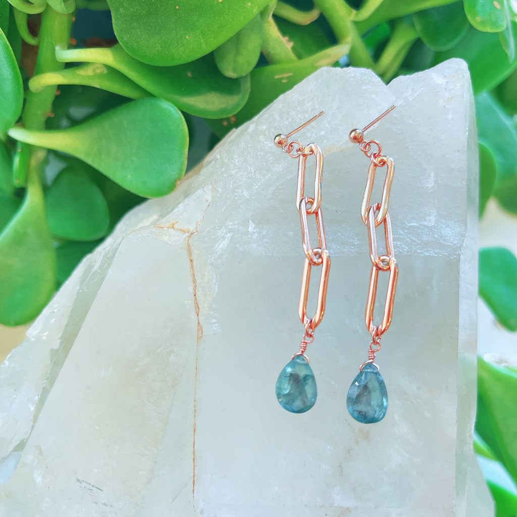Rose Gold Paperclip Earrings with Apatite