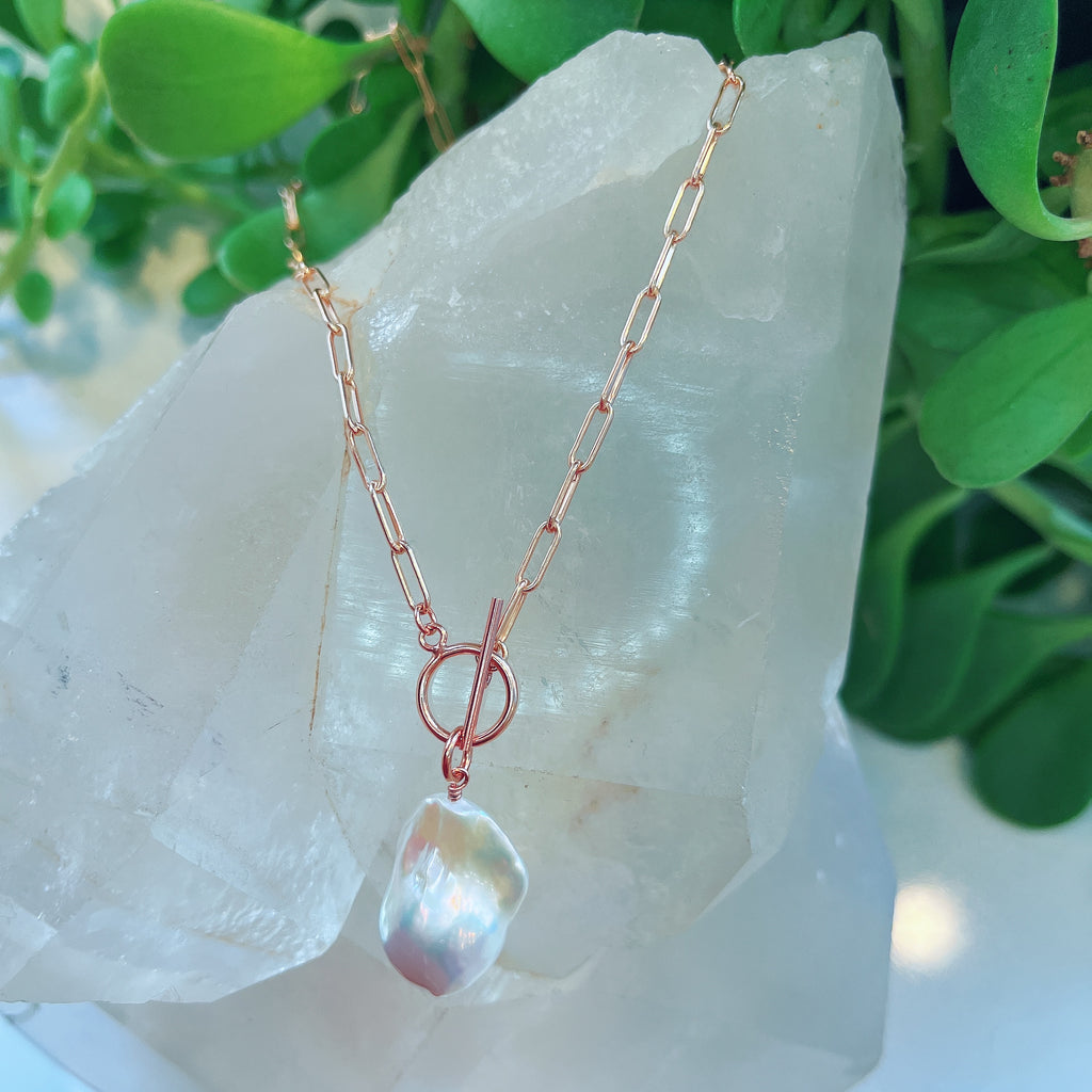 Rose Gold Baroque Pearl Paperclip Necklace