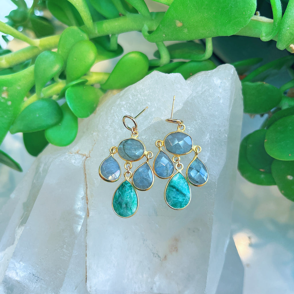 Labradorite + Emerald Chandlier Earrings