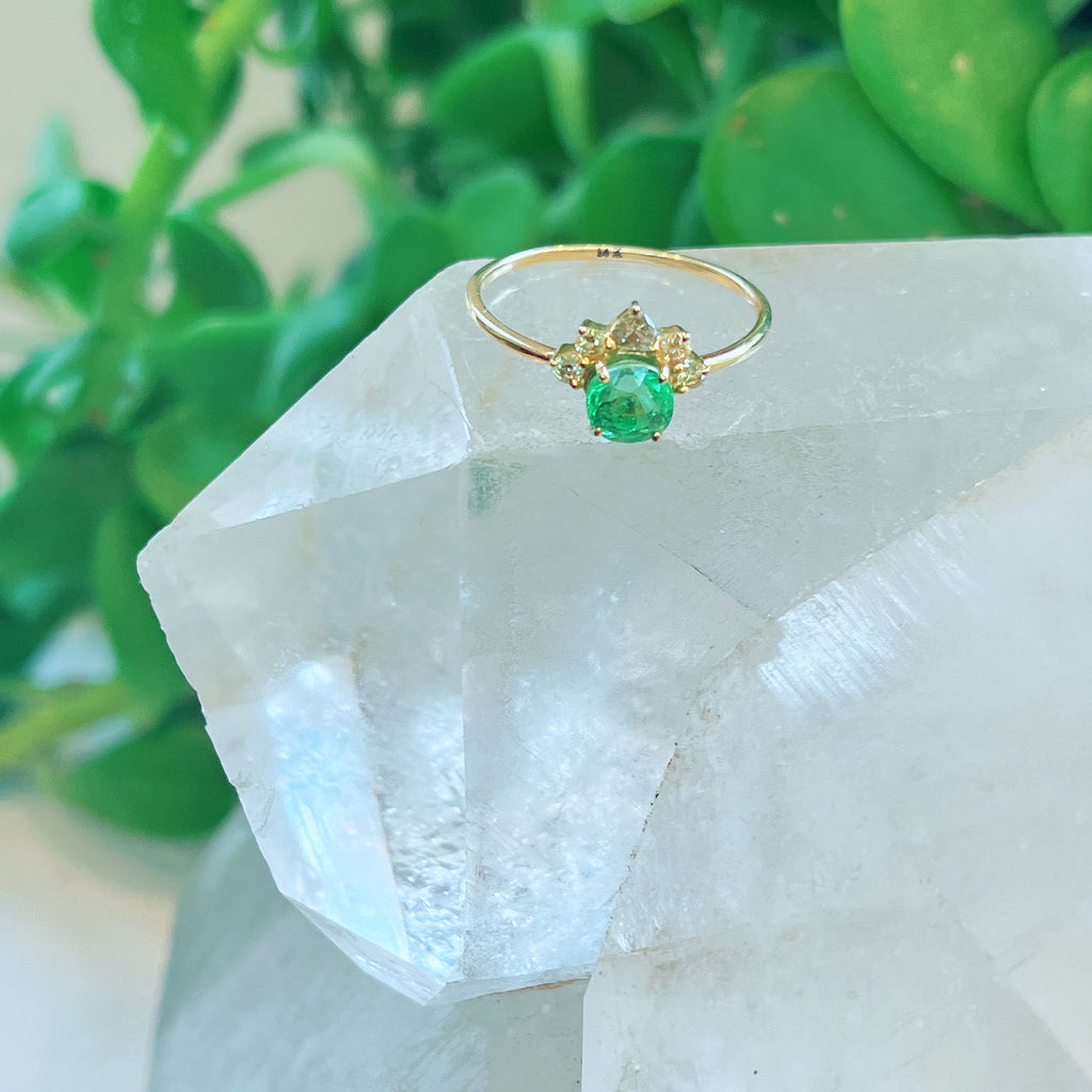 Green Garnet + Diamond Halo Ring