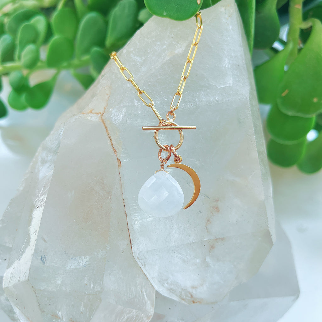 Moonstone + Crescent Moon Paperclip Necklace