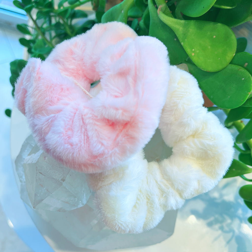 Pink + White Fuzzy Scrunchie Set
