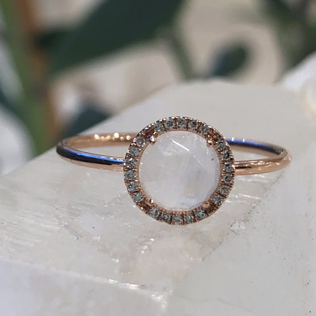 14K Rose Gold Moonstone + Diamond Ring