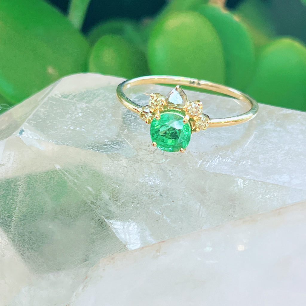 Green Garnet + Diamond Halo Ring