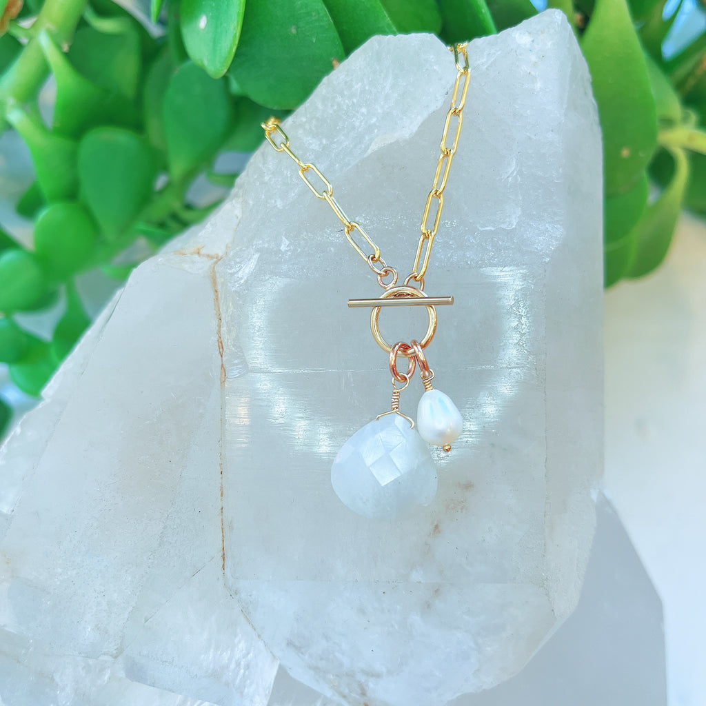 Moonstone + Pearl Paperclip Necklace