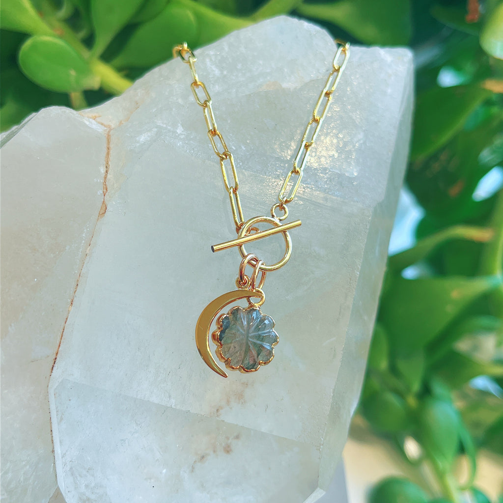 Labradorite Flower + Crescent Moon Paperclip Necklace