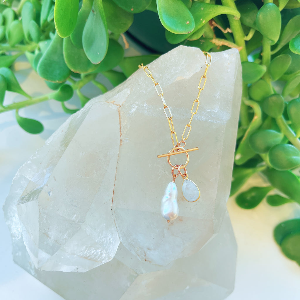 Pearl + Moonstone Paperclip Necklace