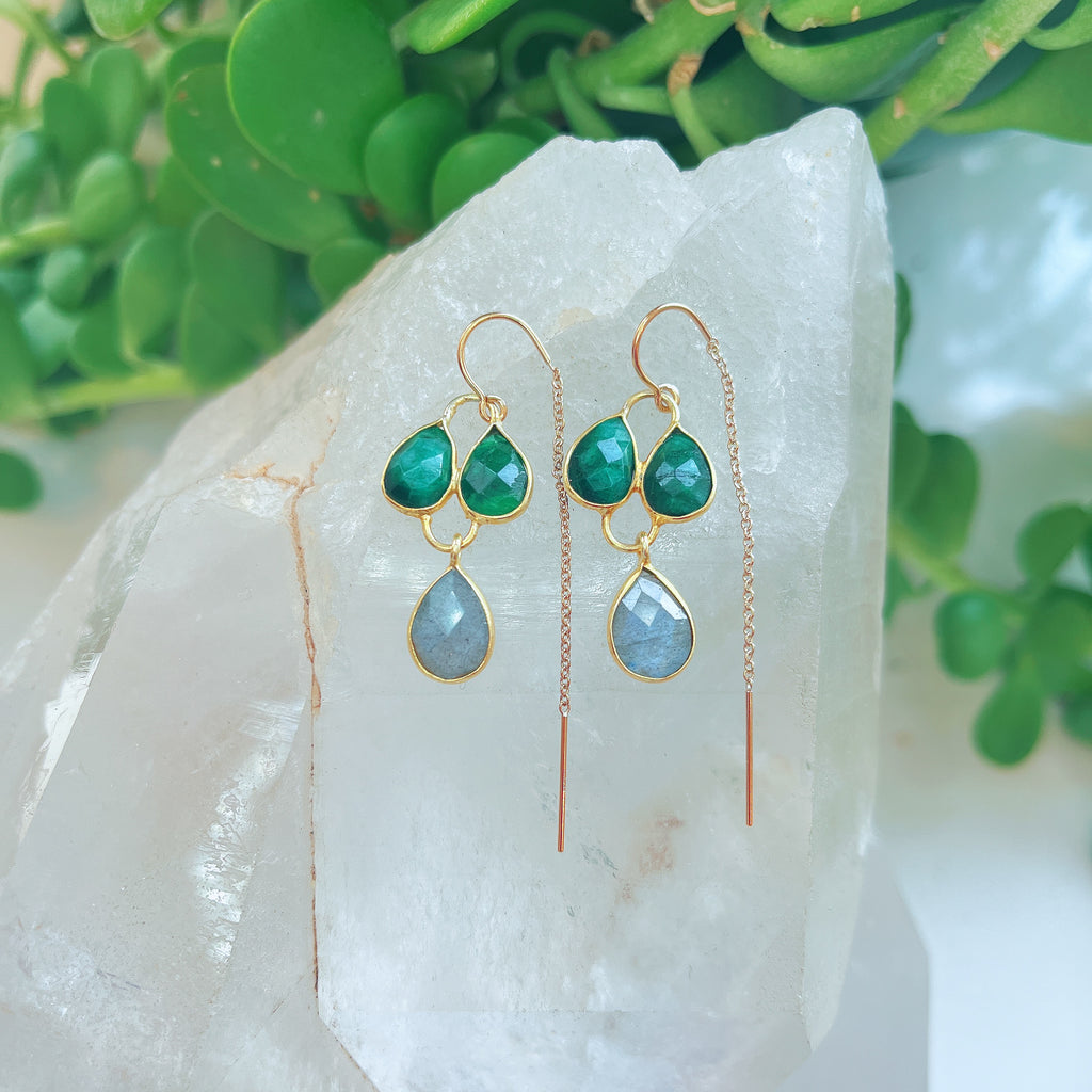Emerald Green Earrings with Labradorite Drops