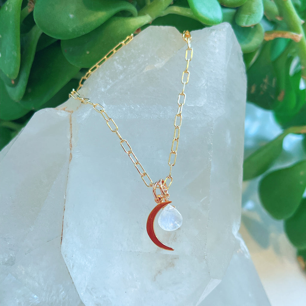 Crescent Moon + Stone Paperclip Necklace