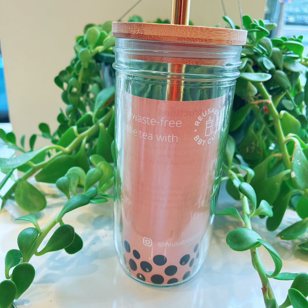 Bubble Tea cup with Bamboo Lid + Metal Straw